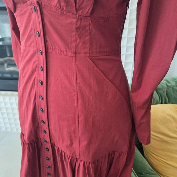 NWOT A.L.C. Fleur Long-Sleeve Tiered Cotton Dress Maroon Deep Red Suma, Size 10 - Picture 7 of 9